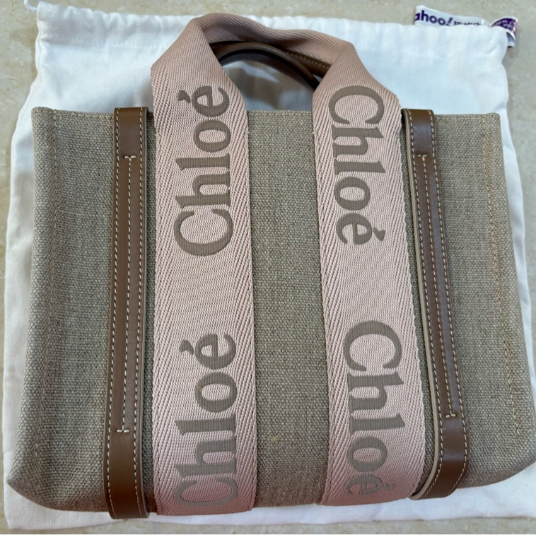 Chloe’ 斜背 (粉紅配棕色亞麻) 小號-5