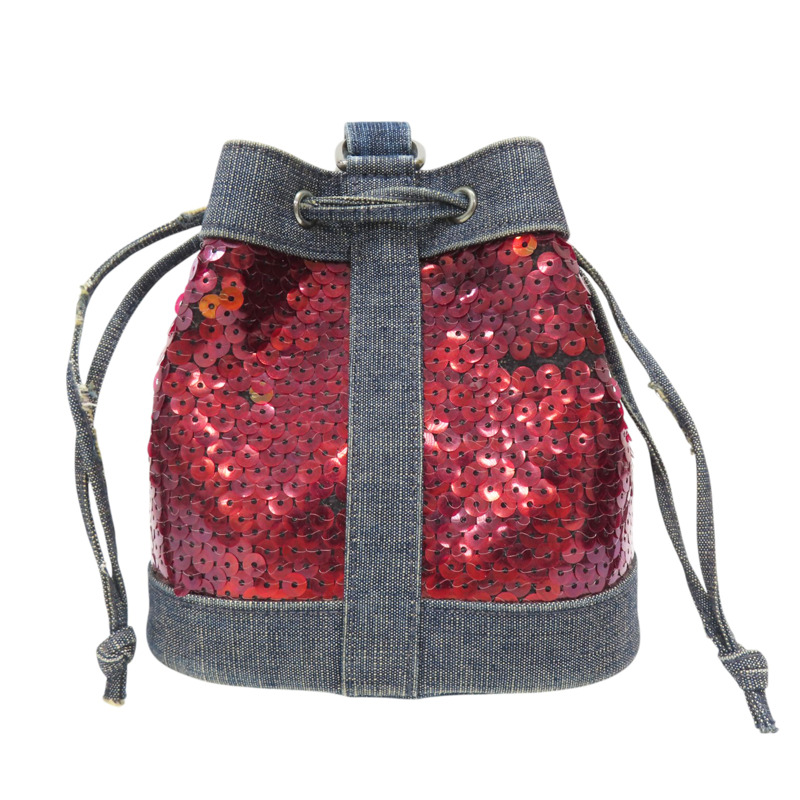 紅色 亮片 牛仔布飾邊 MINI 水桶包 手提包【CHANEL 香奈兒】-0