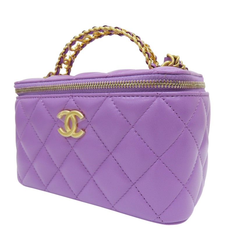 紫色 羊皮 化妝箱 鍊帶 肩背包 金扣-2