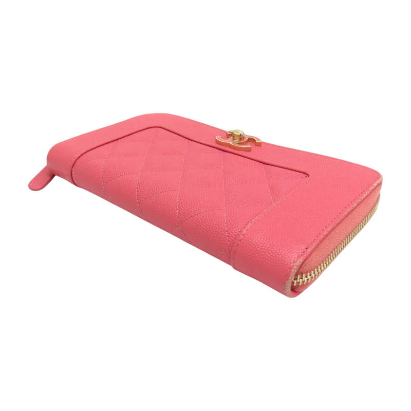 粉色  菱格紋 牛皮 拉鍊 長夾-2