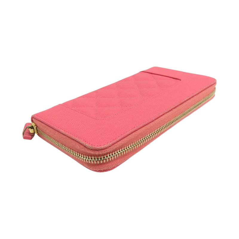 粉色  菱格紋 牛皮 拉鍊 長夾-3