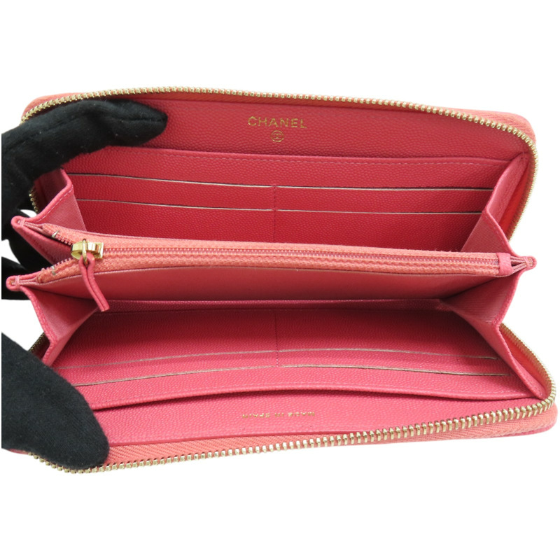 粉色  菱格紋 牛皮 拉鍊 長夾-4