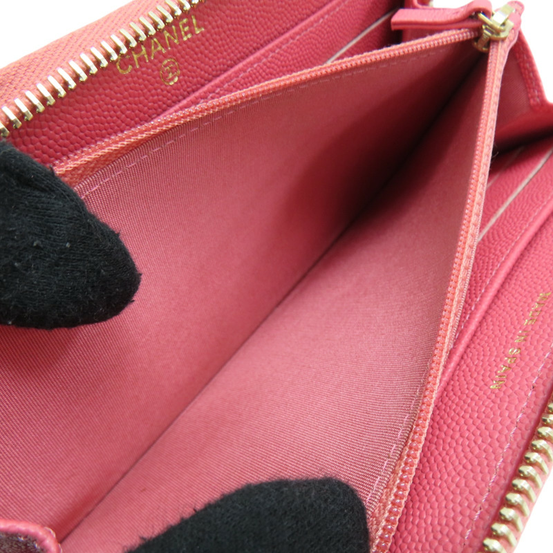 粉色  菱格紋 牛皮 拉鍊 長夾-5