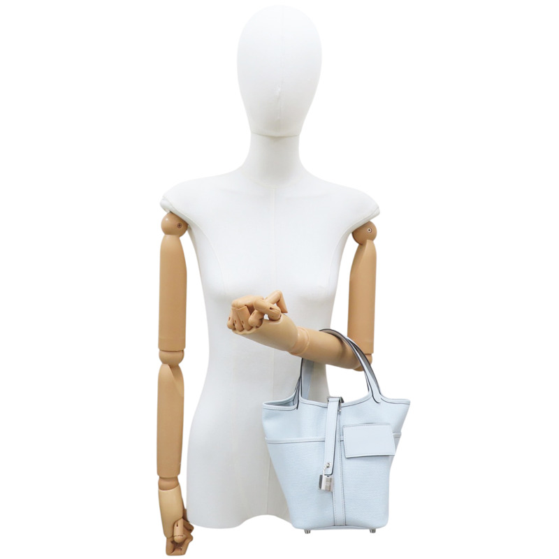 水藍色 Toile帆布 Swift牛皮 Picotin18 手提包 W刻-7