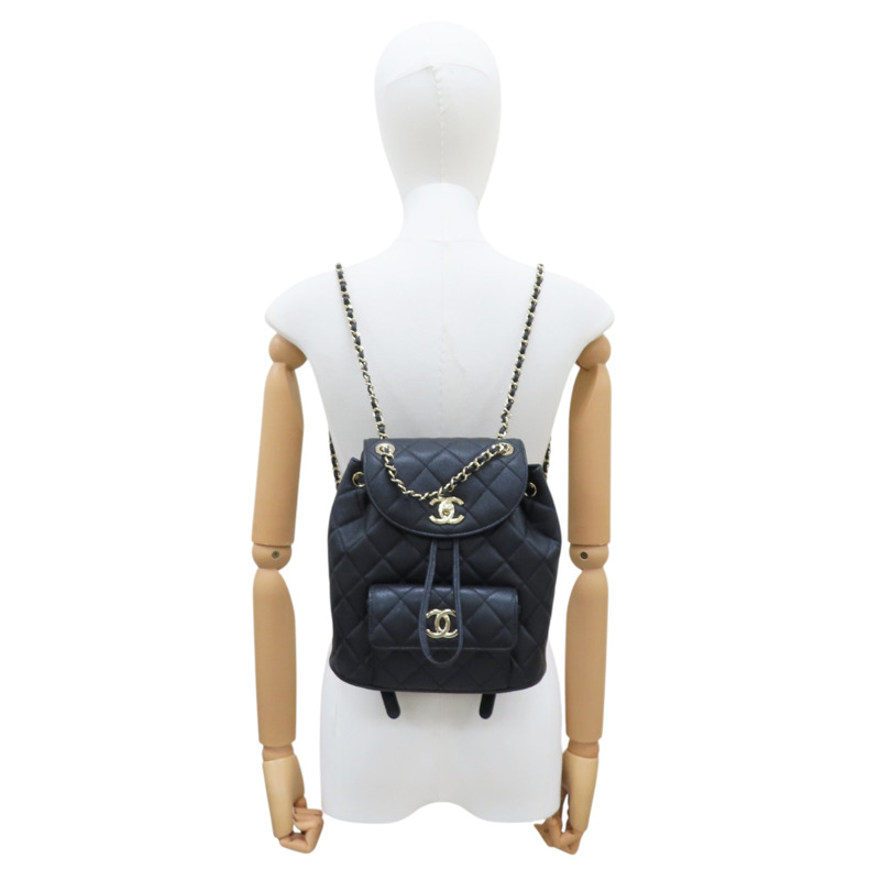 黑色 菱格紋 牛皮 Duma Drawstring 後背包 銀扣【CHANEL 香奈兒】 AS2908-8