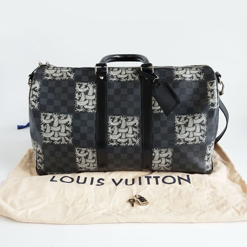 LV 黑棋盤格藤原浩繩結限定keepall 45手提單肩包-1
