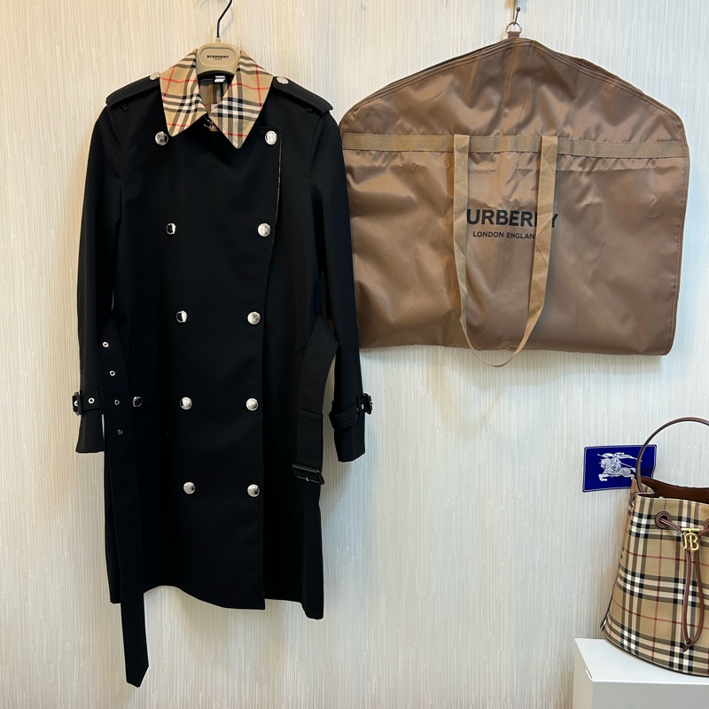 BURBERRY英國格紋翻領黑色風衣UK2-3
