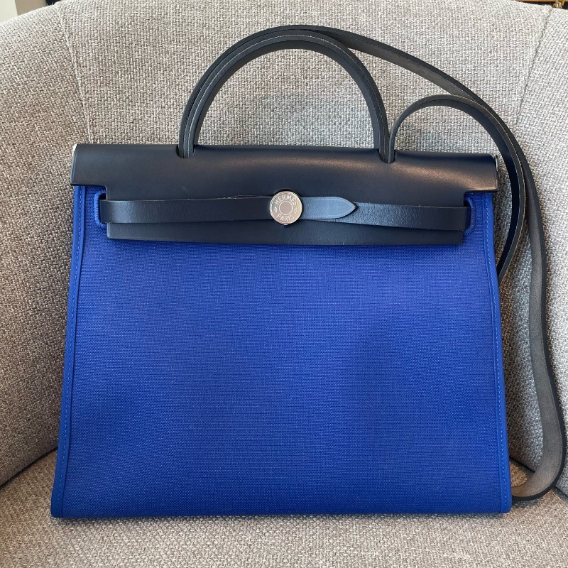 Hermes愛馬仕電光藍herbag31帆布拼皮手提單肩斜挎包 D刻-1