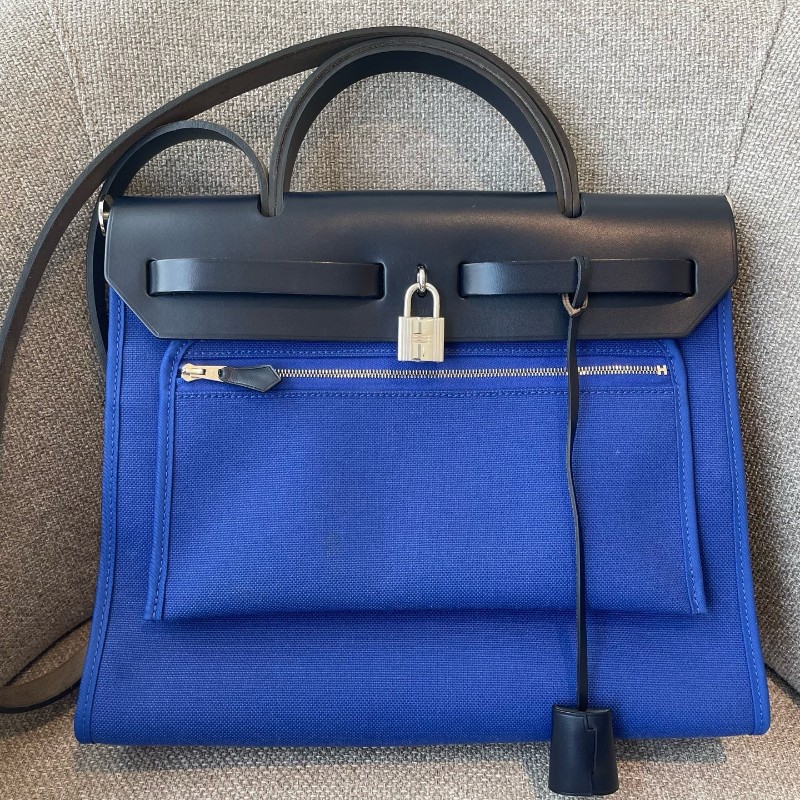 Hermes愛馬仕電光藍herbag31帆布拼皮手提單肩斜挎包 D刻-2