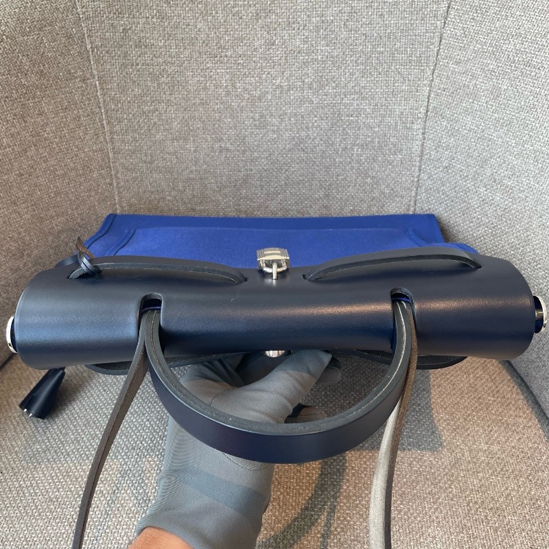 Hermes愛馬仕電光藍herbag31帆布拼皮手提單肩斜挎包 D刻-6