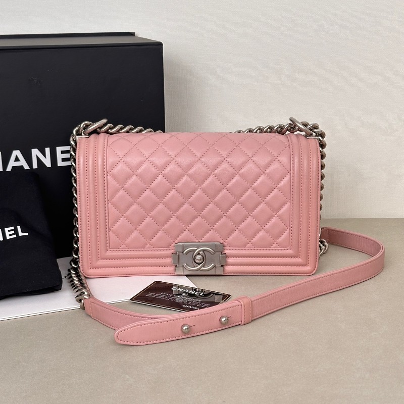 Chanel香奈兒 Leboy淡粉色櫻花粉磨砂銀扣 中號 肩背包 斜背包鏈條包 20開-0