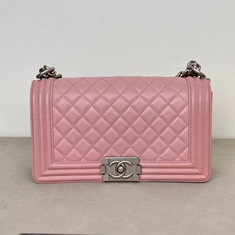 Chanel香奈兒 Leboy淡粉色櫻花粉磨砂銀扣 中號 肩背包 斜背包鏈條包 20開-1