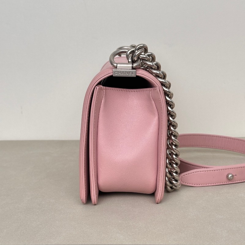 Chanel香奈兒 Leboy淡粉色櫻花粉磨砂銀扣 中號 肩背包 斜背包鏈條包 20開-2