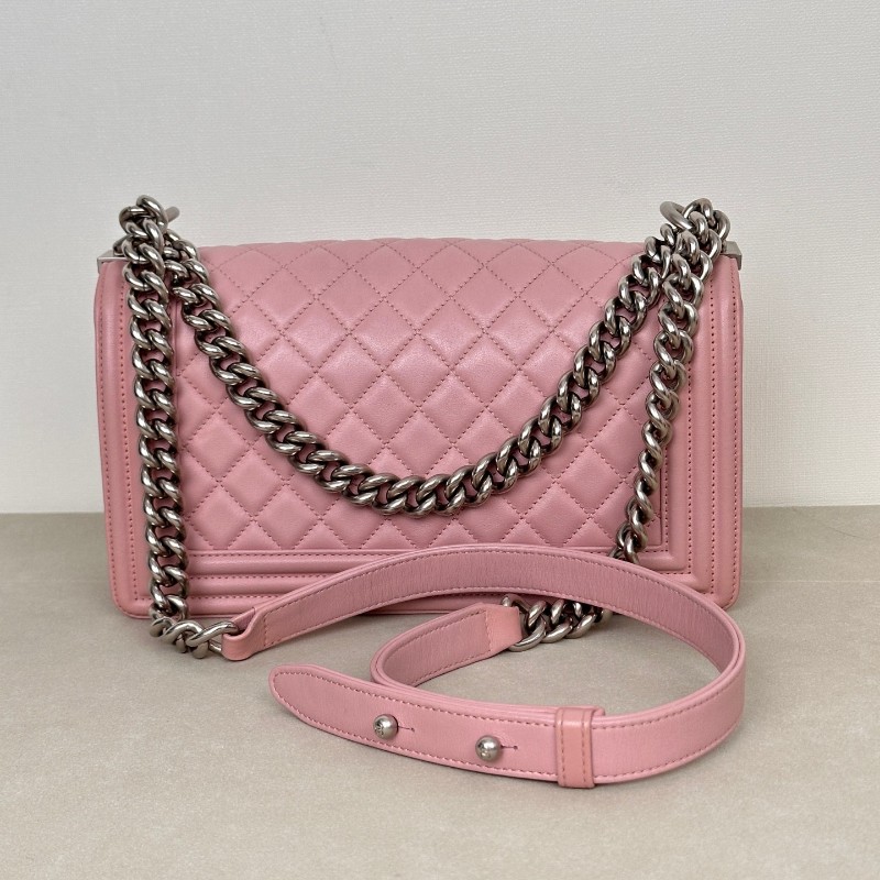 Chanel香奈兒 Leboy淡粉色櫻花粉磨砂銀扣 中號 肩背包 斜背包鏈條包 20開-4