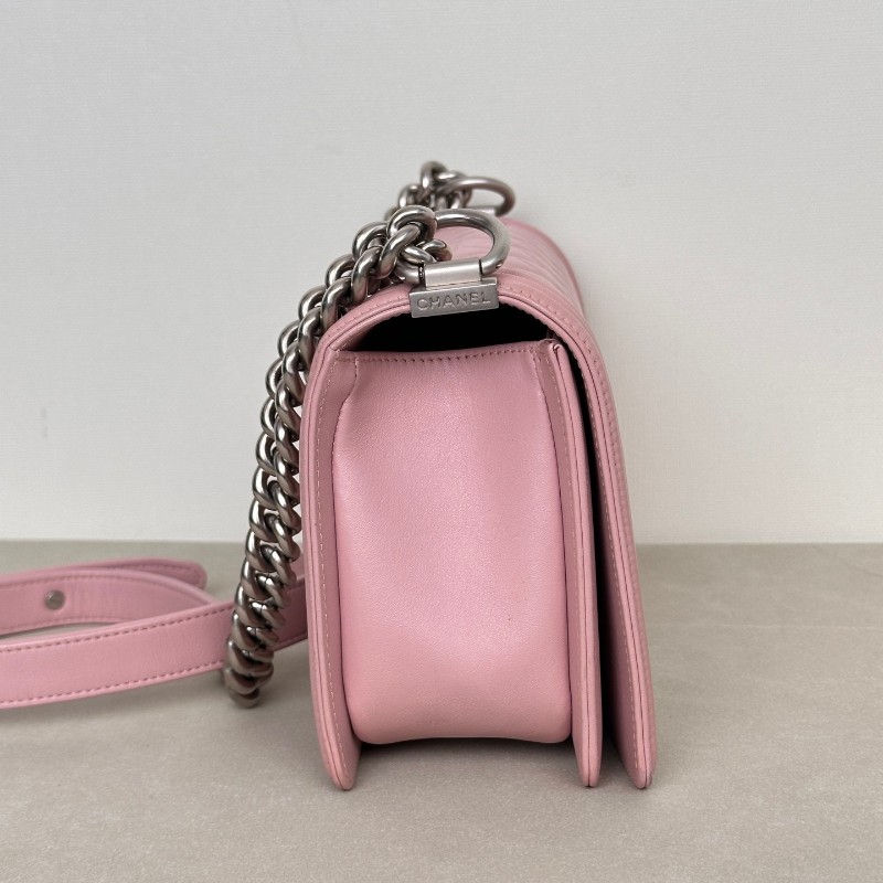 Chanel香奈兒 Leboy淡粉色櫻花粉磨砂銀扣 中號 肩背包 斜背包鏈條包 20開-5