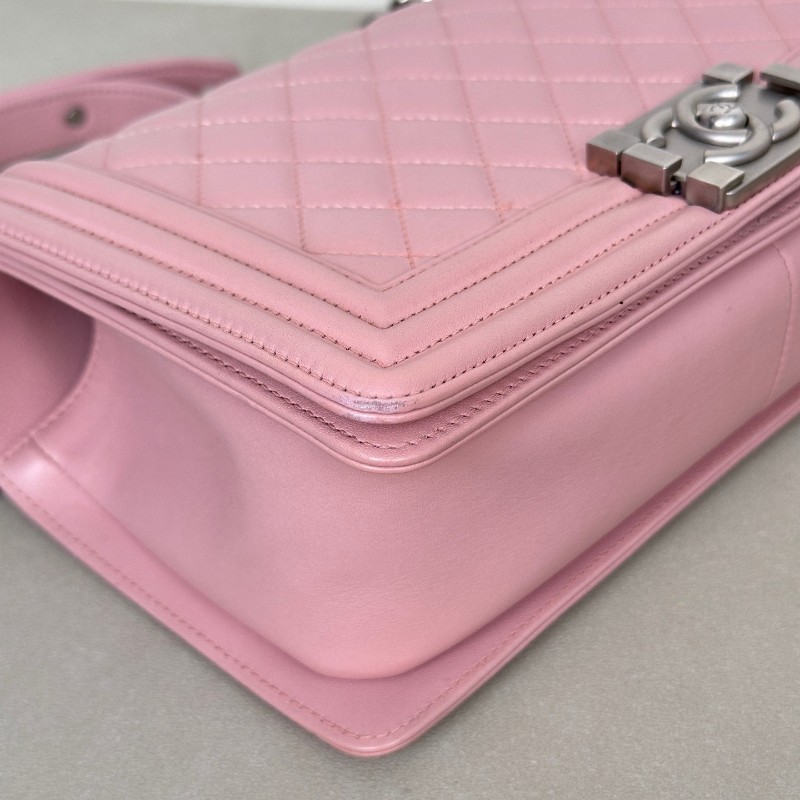 Chanel香奈兒 Leboy淡粉色櫻花粉磨砂銀扣 中號 肩背包 斜背包鏈條包 20開-6