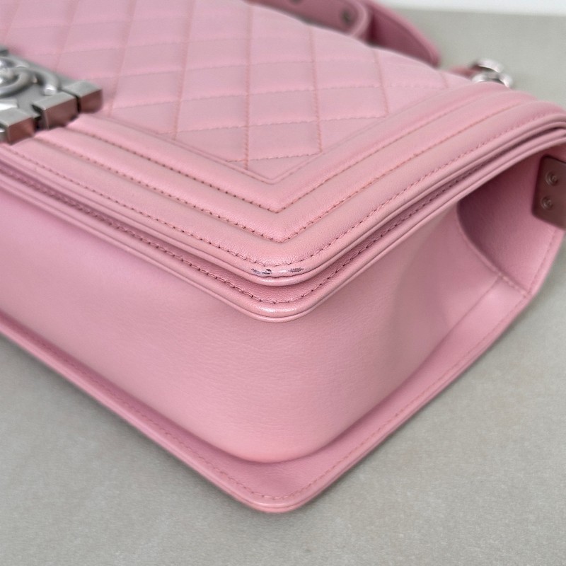 Chanel香奈兒 Leboy淡粉色櫻花粉磨砂銀扣 中號 肩背包 斜背包鏈條包 20開-7