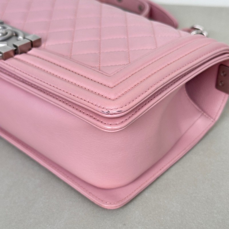 Chanel香奈兒 Leboy淡粉色櫻花粉磨砂銀扣 中號 肩背包 斜背包鏈條包 20開-8