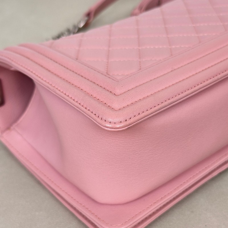 Chanel香奈兒 Leboy淡粉色櫻花粉磨砂銀扣 中號 肩背包 斜背包鏈條包 20開-9