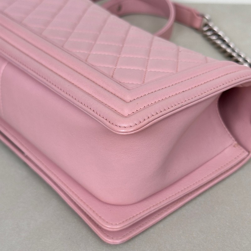 Chanel香奈兒 Leboy淡粉色櫻花粉磨砂銀扣 中號 肩背包 斜背包鏈條包 20開-10