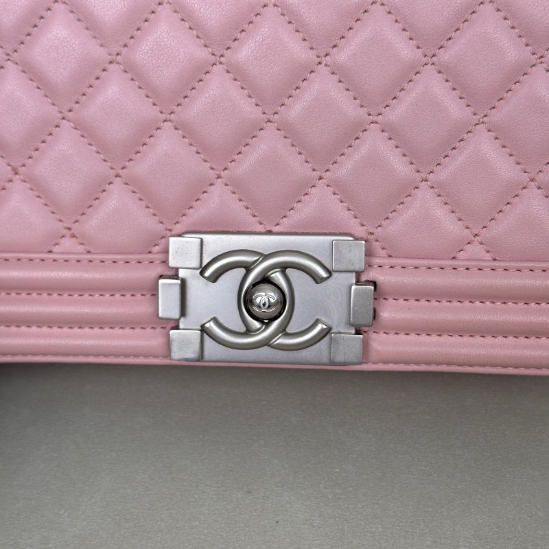 Chanel香奈兒 Leboy淡粉色櫻花粉磨砂銀扣 中號 肩背包 斜背包鏈條包 20開-11