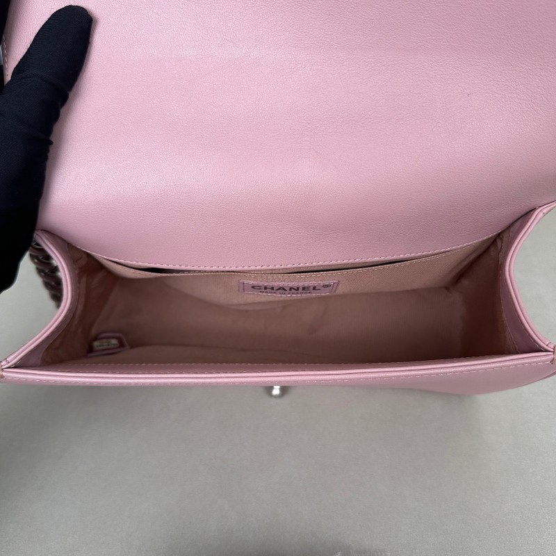Chanel香奈兒 Leboy淡粉色櫻花粉磨砂銀扣 中號 肩背包 斜背包鏈條包 20開-14