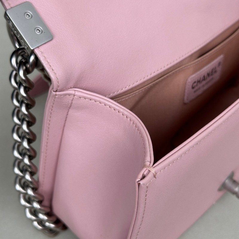 Chanel香奈兒 Leboy淡粉色櫻花粉磨砂銀扣 中號 肩背包 斜背包鏈條包 20開-16