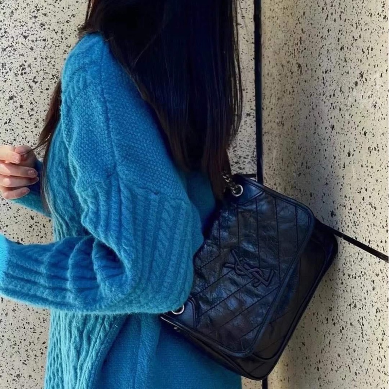 聖羅蘭 Niki Baby絎縫皺褶皮革單肩包黑色小牛皮銀鍊（小）-37