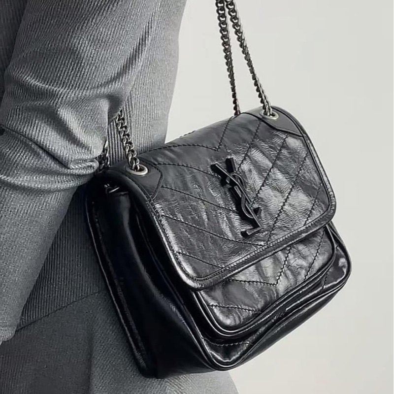 聖羅蘭 Niki Baby絎縫皺褶皮革單肩包斜肩包黑色小牛皮銀鍊（小）-46