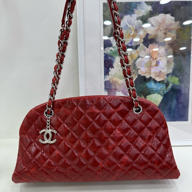 Chanel香奈兒油蠟牛皮雙C保齡球單肩斜挎包 15開 有卡有購證-6