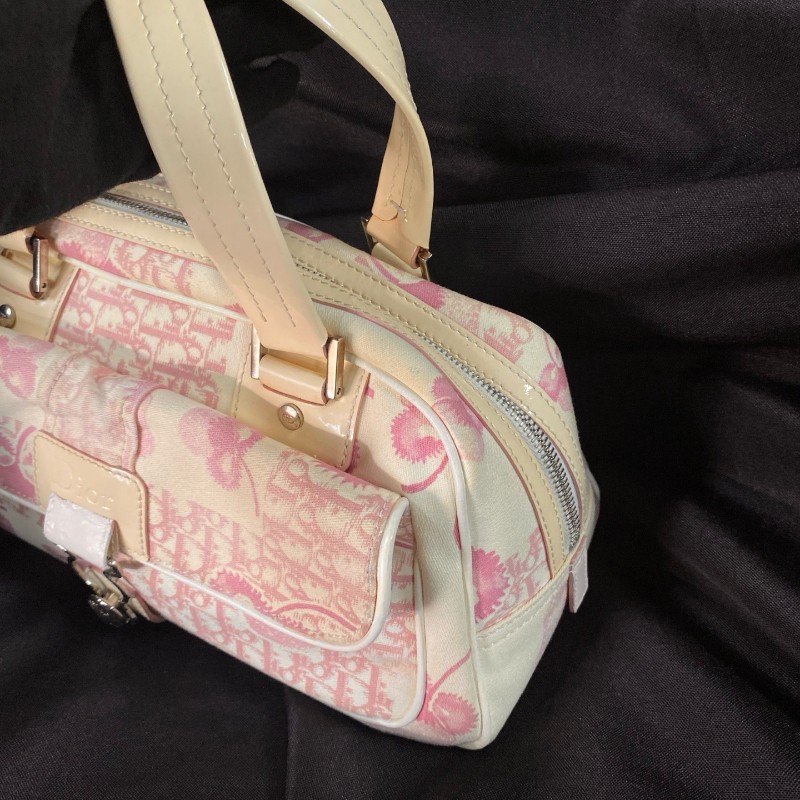 迪奧Dior 粉色老花三色堇系列帆布拼皮 手提包-3