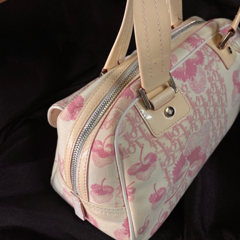 迪奧Dior 粉色老花三色堇系列帆布拼皮 手提包-4