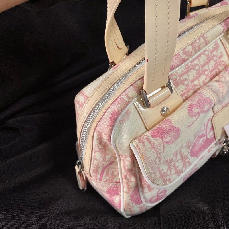 迪奧Dior 粉色老花三色堇系列帆布拼皮 手提包-6