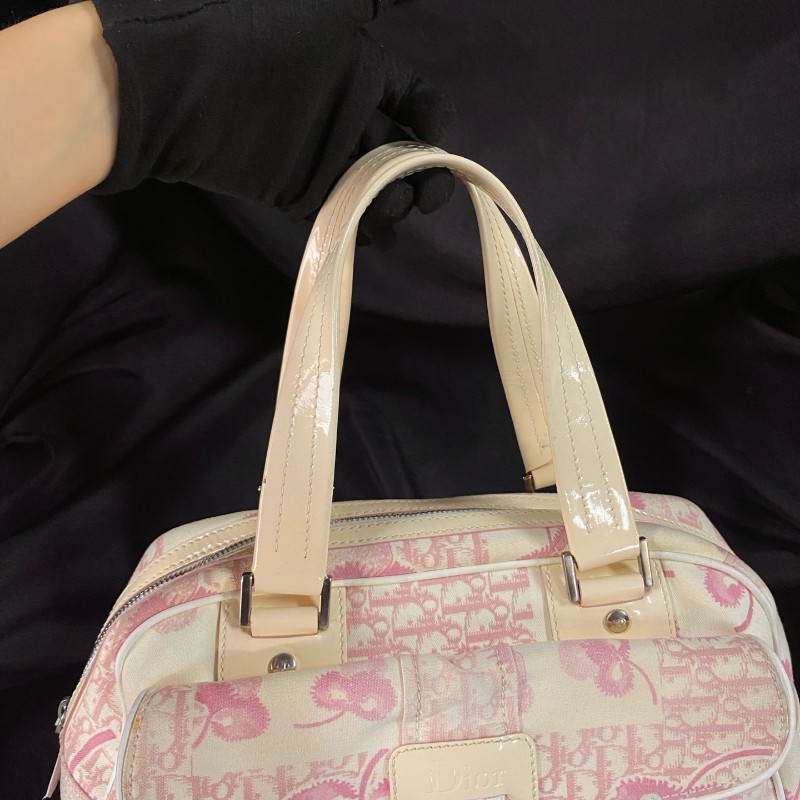迪奧Dior 粉色老花三色堇系列帆布拼皮 手提包-20