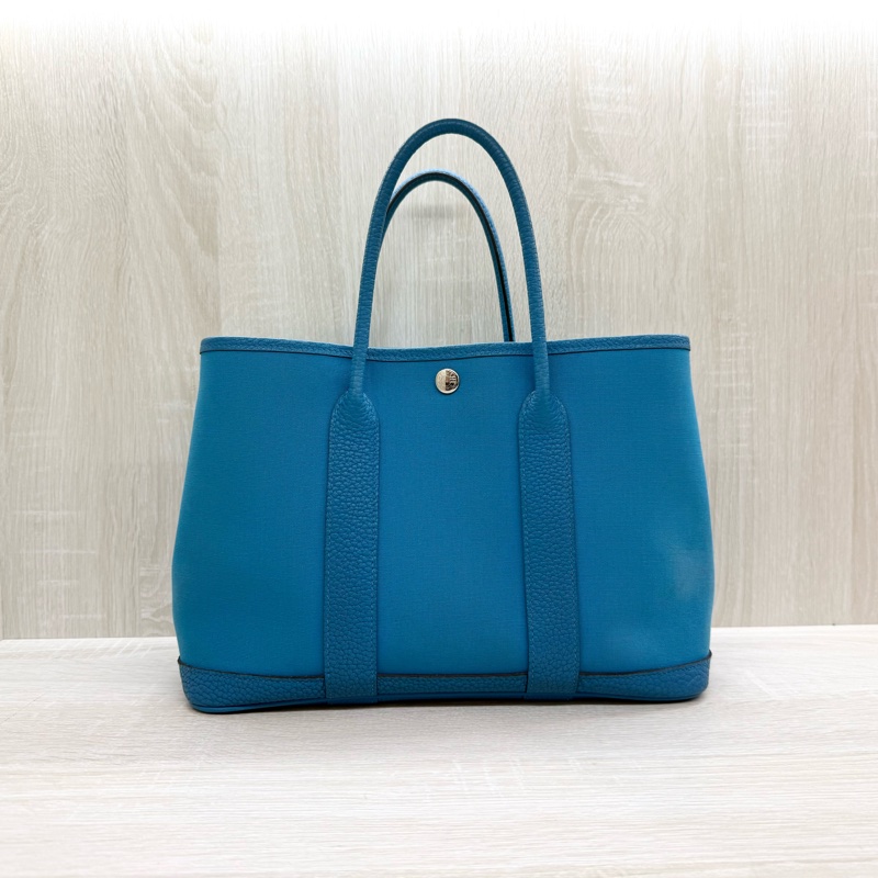 HERMES 7W伊茲密爾藍帆布銀釦Garden party 30cm-1