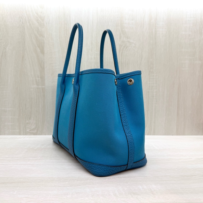 HERMES 7W伊茲密爾藍帆布銀釦Garden party 30cm-3