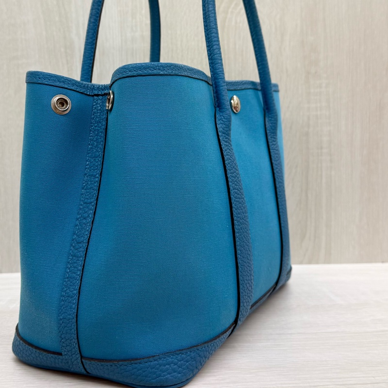 HERMES 7W伊茲密爾藍帆布銀釦Garden party 30cm-15
