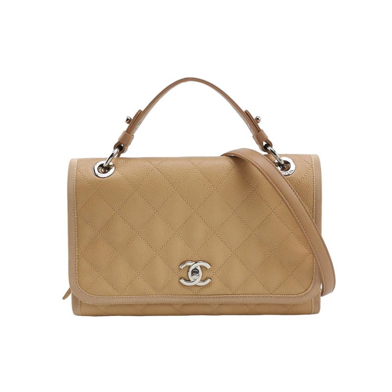 Chanel 牛皮 尼龍布 菱格 絎縫 雙C扣 翻蓋 斜背包 單肩包-0