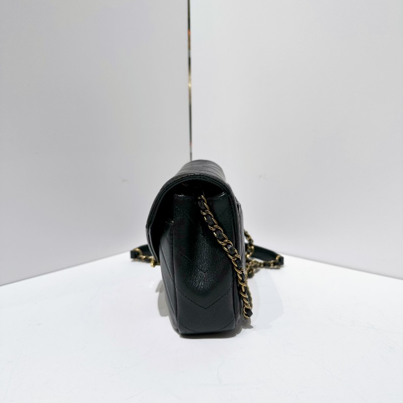 Chanel/香奈兒 黑金 V紋信封方胖子 羊皮 肩背包斜背包 有子包-4