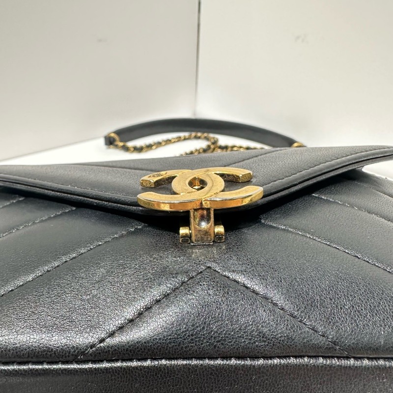 Chanel/香奈兒 黑金 V紋信封方胖子 羊皮 肩背包斜背包 有子包-9