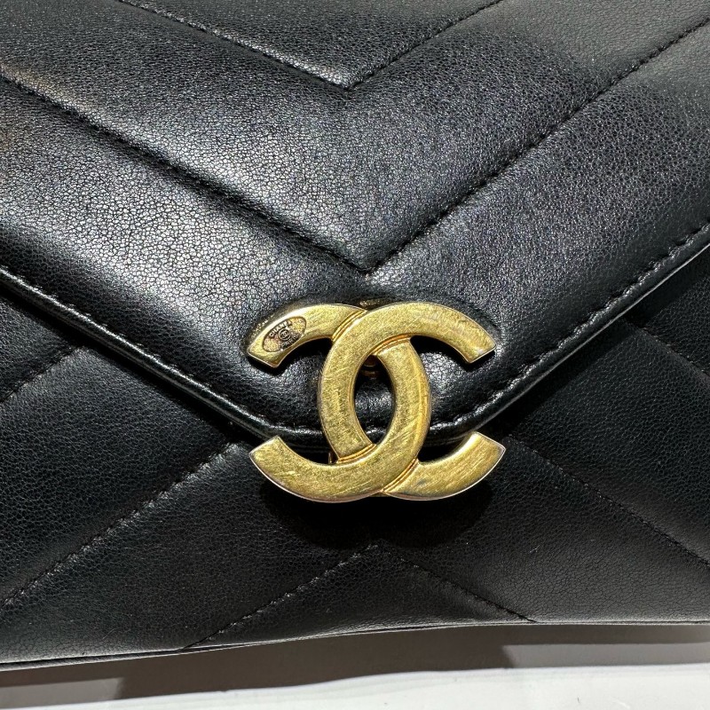 Chanel/香奈兒 黑金 V紋信封方胖子 羊皮 肩背包斜背包 有子包-10