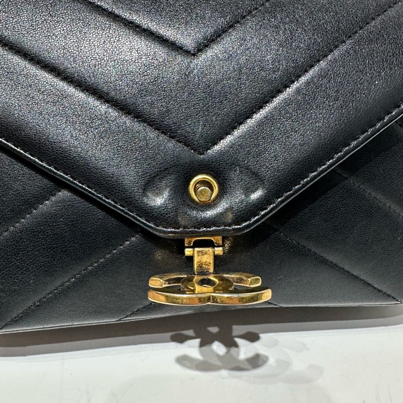 Chanel/香奈兒 黑金 V紋信封方胖子 羊皮 肩背包斜背包 有子包-13