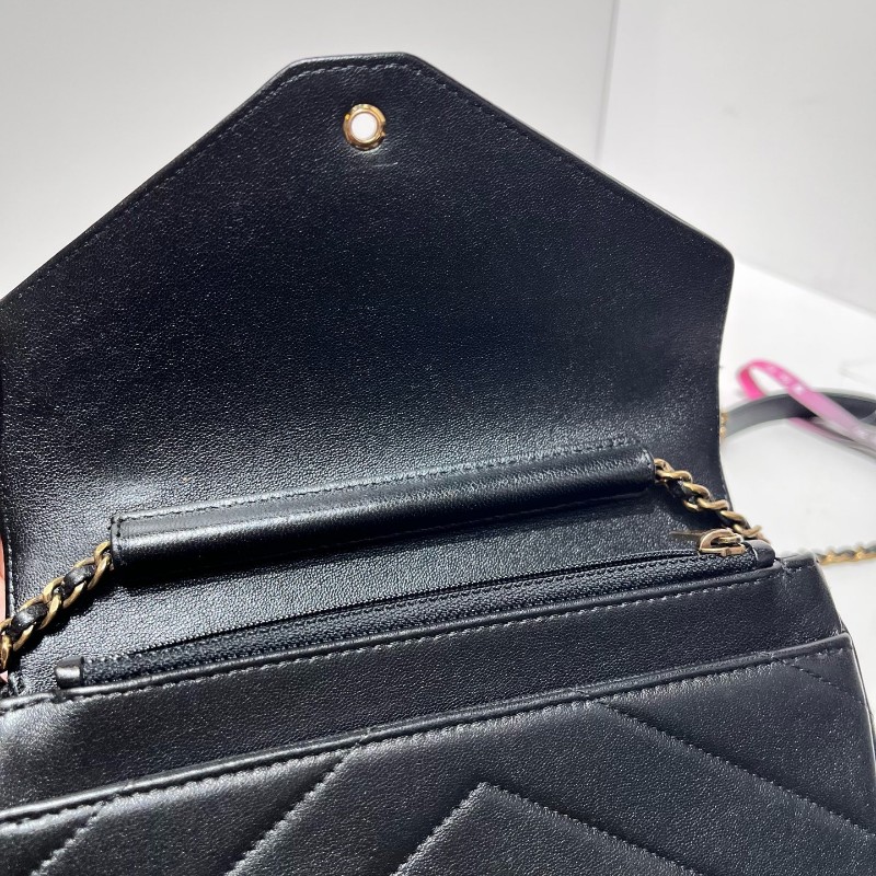 Chanel/香奈兒 黑金 V紋信封方胖子 羊皮 肩背包斜背包 有子包-14
