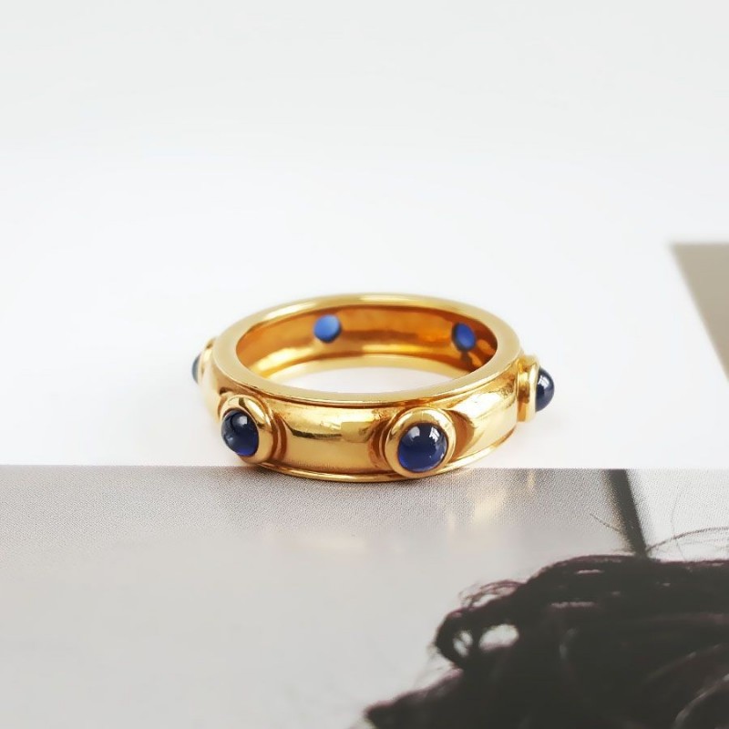Tiffany & Co.蒂芙尼95新18K黃金鑲6顆藍寶石戒指約50號-1