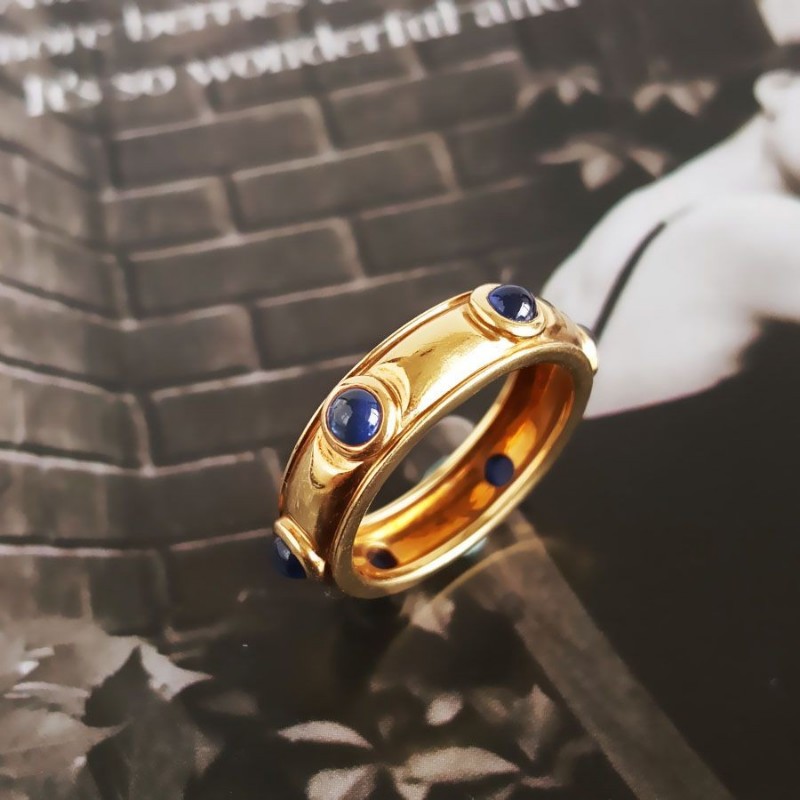 Tiffany & Co.蒂芙尼95新18K黃金鑲6顆藍寶石戒指約50號-3