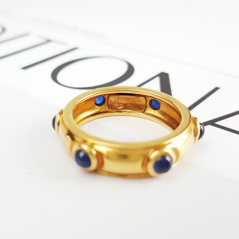 Tiffany & Co.蒂芙尼95新18K黃金鑲6顆藍寶石戒指約50號-4