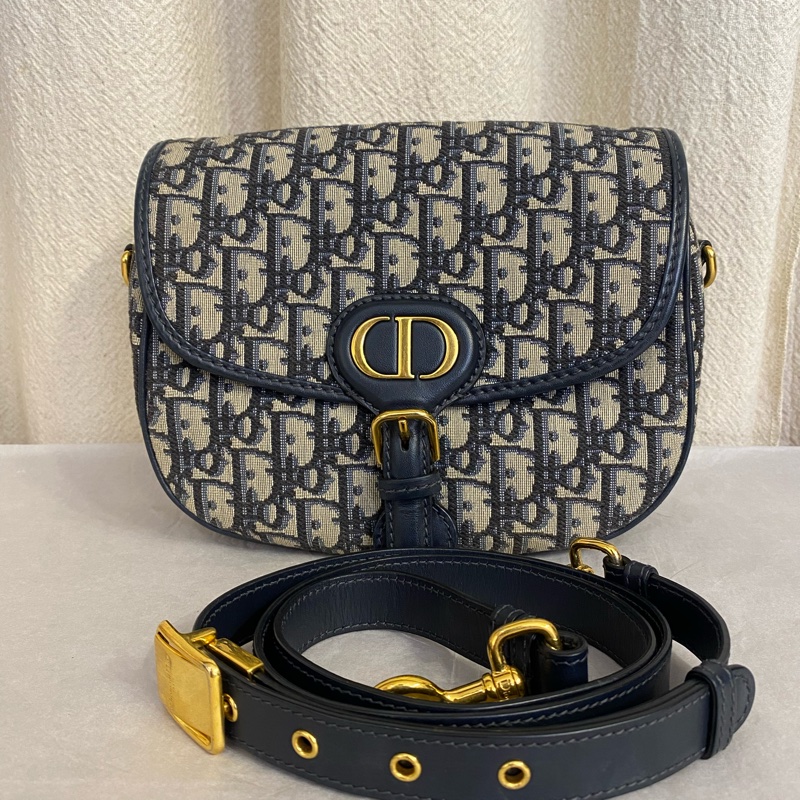 Dior  迪奧 Bobby 藍色老花拼牛皮金扣馬鞍包 中號-0
