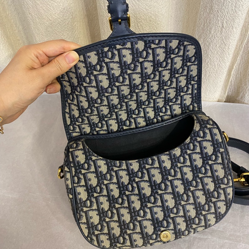 Dior  迪奧 Bobby 藍色老花拼牛皮金扣馬鞍包 中號-4