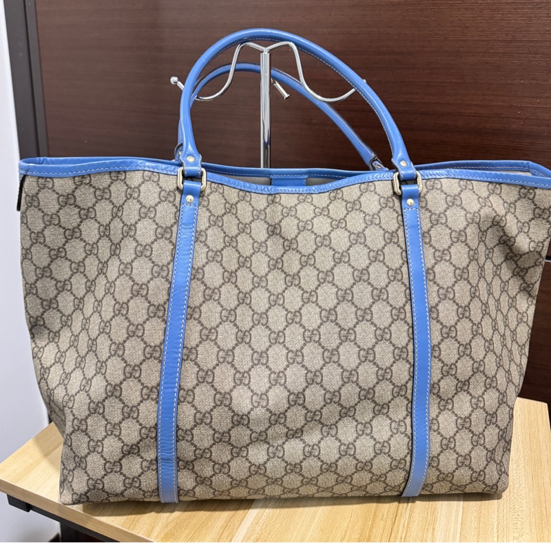 專櫃正品 GUCCI 古馳197954 藍邊GG紋 PVC TOTE 精品包 托特包 肩背包 購物包-3