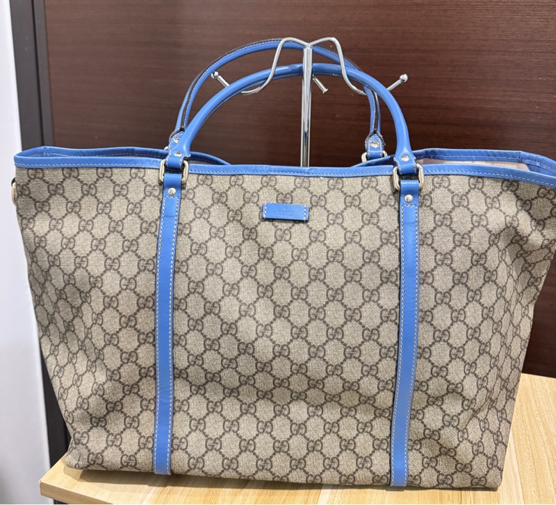 專櫃正品 GUCCI 古馳197954 藍邊GG紋 PVC TOTE 精品包 托特包 肩背包 購物包-5